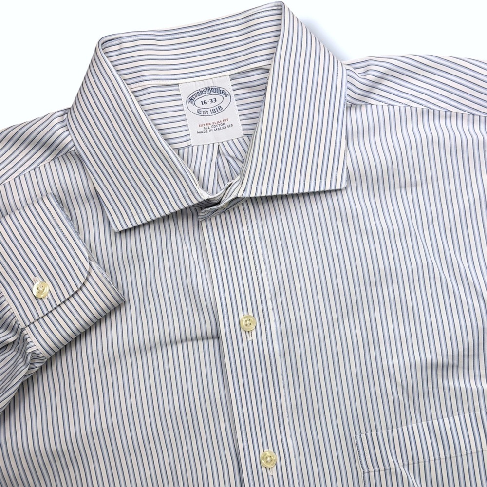 Brooks Brothers Button Down Mens 16 Large Blue Striped Extra Slim Fit Poplin